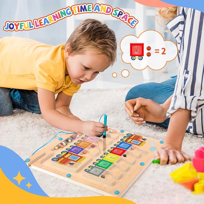 wakeInsa Magnetic Color and Number Maze,Montessori Toys for 2-5 Years Old Boys,Wooden Magnet Balls Puzzles,Toddler Busy Board,Preschool Learning Activities,Christmas & Birthday Gift for Kids