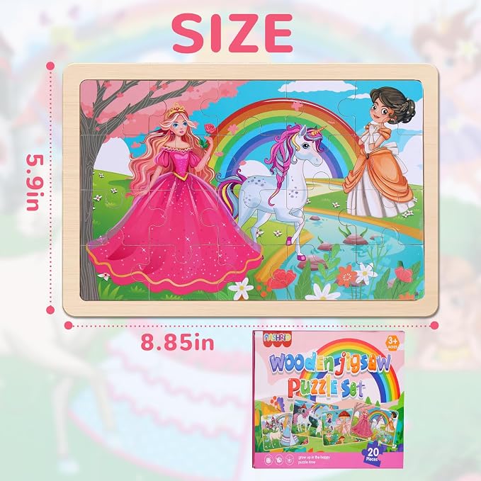 Wooden Jigsaw Puzzles for Preschool Kids Ages 3-5, 4-Pack with 20 Pieces Unicorn Princess Wood Puzzles Set, Preschool Gifts for Boys Girls Ages 3 4 5 6