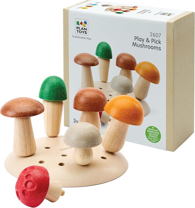 PlanToys® Wooden Play & Pick Mushrooms Toy Kids Garden Learning Playset | wooden mushroom play pick set, montessori imaginative sensory, fine motor coordination, color sorting, garden pretend, kids