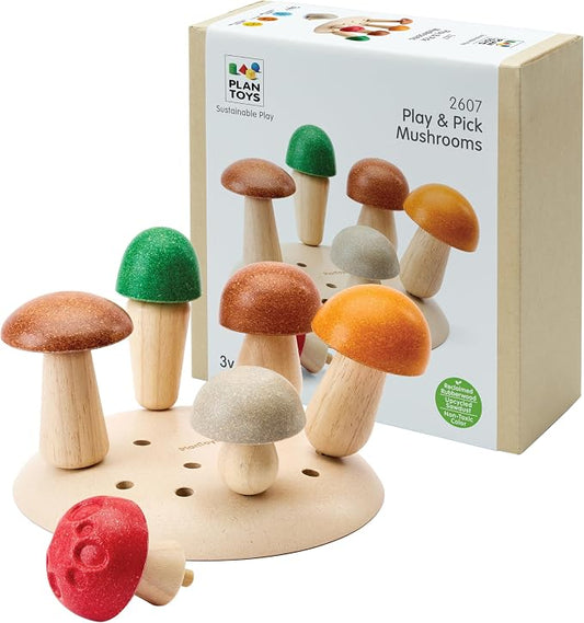PlanToys® Wooden Play & Pick Mushrooms Toy Kids Garden Learning Playset | wooden mushroom play pick set, montessori imaginative sensory, fine motor coordination, color sorting, garden pretend, kids