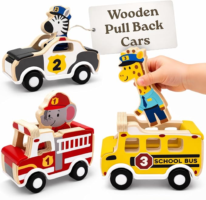 Little Acorn, Wooden Pull Back Cars with Mix & Match Characters | Montessori Toys for 1 & 2 Year Old | Car Toys for Toddlers 1-3 | Baby Toys 6-12 Months | Birthday Gifts for Boys Girls