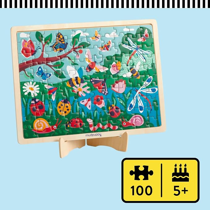 Mudpuppy Garden Life 100 Piece Wooden Puzzle for Kids, Ages 5+ | Scenic Garden Theme, Bright and Bold Illustrations, Display Stand Included, Sturdy Pieces, Wood, Room Decor