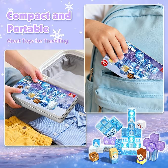 Magnetic Blocks, 45pcs Travel Toys Building Set with Magnetic Tin Box, Transparent & Light Up Magnet Cubes for Blue Snow Castle Build, Princess Toy Birthday Gift for Kid Girl 3+
