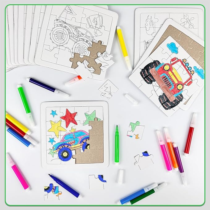 Cinrobiye 24 PCS Monster Truck Coloring Puzzle Craft Kit for Kids, DIY Race Car Jigsaw Puzzles Bulk with 12 Designs, Truck Birthday Party Favors, Classroom Art Activities, Game Rewards