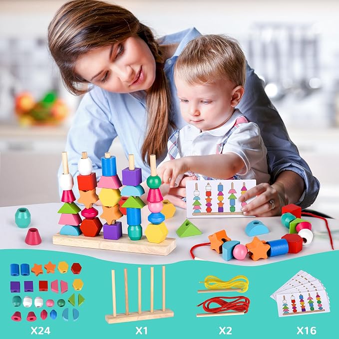 Montessori Bead Sequencing Toy Set, Wooden Stacking Blocks & Lacing Beads & Matching Shape Colors Stacker, Montessori Toys for 3 4 5 Year Old, Toddlers Preschool Learning Fine Motor Skills Toys