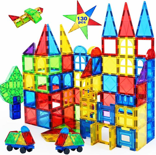 MAGBLOCK Magnetic Tiles Set 130Pcs, Magnet Tiles for Boys Girls Ages 3+ | Square Building Castle, Preschool Toys,hands-on magnet polarity fun, family group play, quick assemble & store