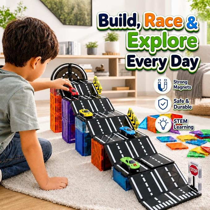 Magnetic Tiles Road Set with Cars, Magnetic Blocks for Kids Ages 4-8 | 6 Cars, Traffic Lights & Road Signs, STEM Construction Toy for Boys Girls Ages 3-5 4-8 5-7, Expansion Magnetic Building