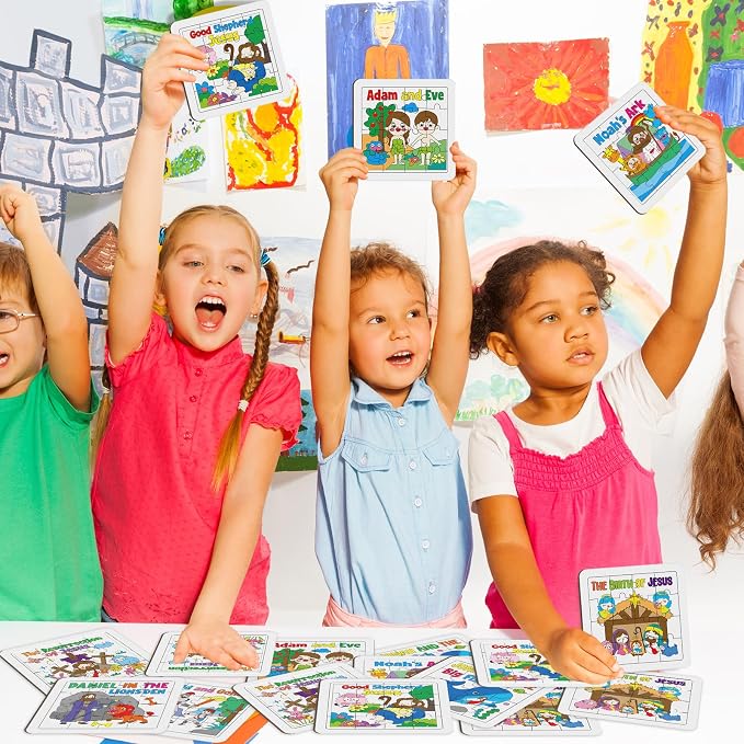 Cinrobiye 24 PCS Bible Story Jigsaw Puzzle Craft Kit, Religious Coloring Puzzle Set with Pens, DIY Christian Church Activity for VBS Sunday School Group Crafts, Faith-Based Party Favors Supplies