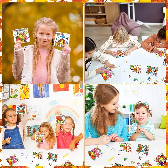 Fall Thanksgiving Crafts for Kids Christian Art Activities Blank Puzzle Toy | 24 Autumn DIY Crafts Pumpkin Turkey Cross Jesus, Religious Classroom Gifts for Toddler Party Favors Games Supplies Bulk