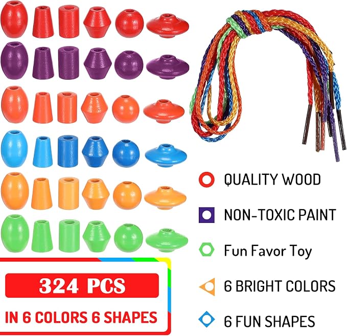 Shappy 324 Pcs Wooden Lacing Beads for Wooden String Beads Threading Toys Montessori Lacing Toys Fine Motor Skills Developmental Educational Plaything Sensory Occupational Activities Autism OT