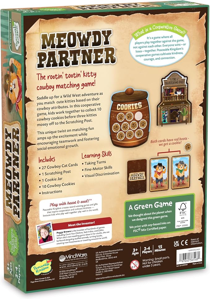 Peaceable Kingdom Meowdy Partner Cooperative Matching Game | A cooperative game where players team up to win together. Includes 27 cowboy cat cards and 1 scratching post. Ages 3+.