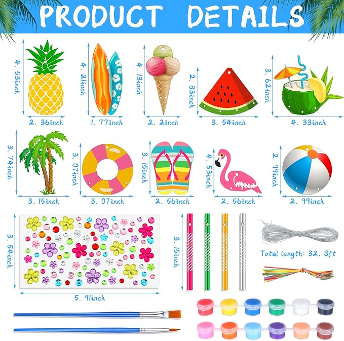 30 Pack Summer Crafts for Kids DIY Wind Chime Kit Wood Paint | Beach Shapes Pineapple Flamingo Ice Cream Watermelon, Paint Brushes Stickers Included, Classroom Birthday Party Activities