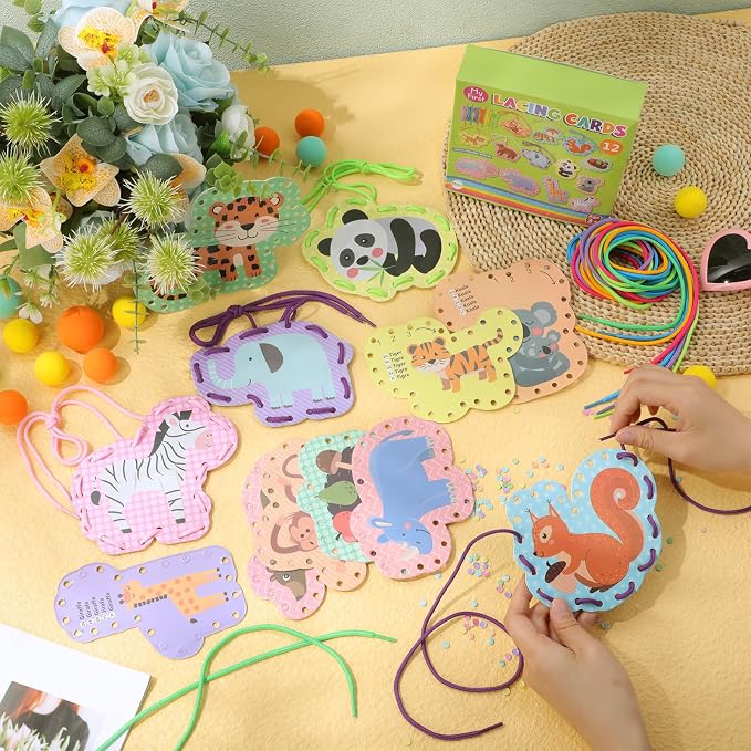 Chivao Lacing Cards for Toddlers Kids, 12 Pcs Sewing Kit Preschool Learning Activities for Kids Travel Craft Set Manipulatives for Preschoolers Homeschool Developing Imagination Skills