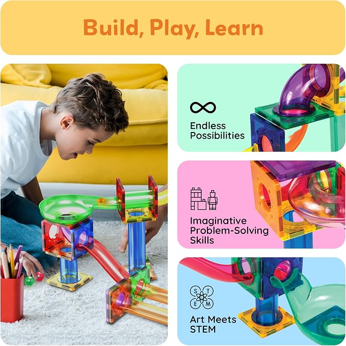 PicassoTiles 50 Piece Magnetic Marble Run Toy STEM Educational Building Set | BPA-free plastic construction, age 3+ coordination tracking, Fine Motor Skills & Spatial Reasonings, creative pretend play