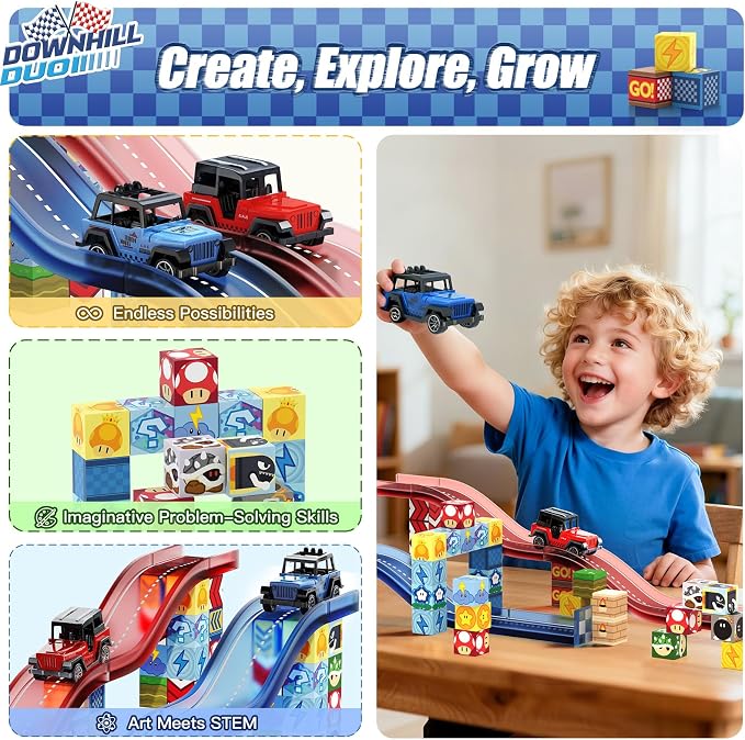 Magnetic Tiles Race Track Set, 52PCS STEM Educational | With 2 Race Cars, Montessori Sensory Travel Toys for Kids 3 4 5 6 7 8, Birthday & Holiday Gift for Boys & Girls