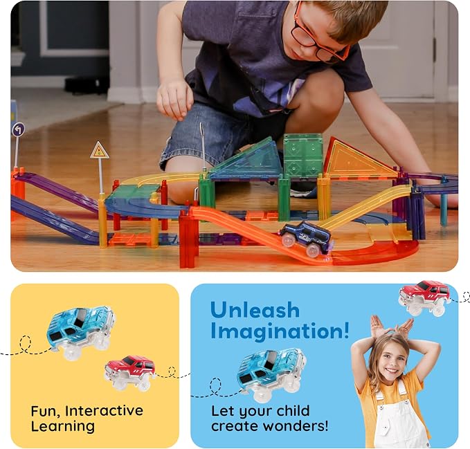 PicassoTiles 30 PCS Magnetic Race Track Toy Set STEM Educational Building | Ages 3+, BPA-free materials, promotes hand-eye coordination & engineering skills, Hands-On Learning & Screen Free Play