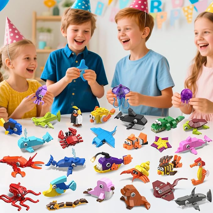 30 Pack Marine Animals Party Favors For Kids Building Set for Boys Girls 6+ | 824PCS Building Blocks for Party Favors Goodie Bags Fillers Stocking Stuffers Classroom Prizes Toy Birthday Valentines Gifts