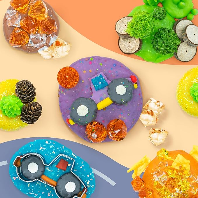 SIMPLIPLAY Construction Sensory Kit with 6 PCS 18oz Glitter Doughs | Color Dough Set & Accessories(About 80pcs), Construction Boy Sensory Kit with Toy Trucks for Kids Toddlers Creative Gift