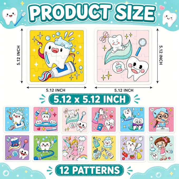 Cinrobiye 24 Pack Dental Coloring Activity Coloring Puzzle Set,Tooth Fairy Lost Tooth Puzzle Games with 12 Designs, Classroom Rewards, School Event Prizes, Dental Party Favors