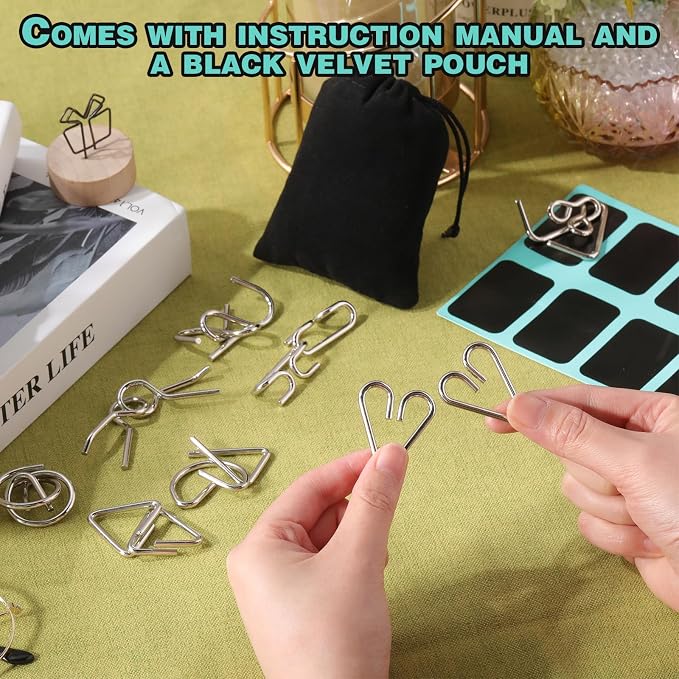 8 Pack Brain Teaser Puzzles Metal Wire Ring with Pouch,B Style | IQ Test Disentanglement Unlock Challenge, Portable Storage Pouch, Mind-bending Interlock Game for Party Favor Entertainment