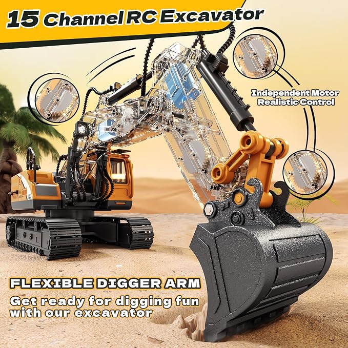 RC Excavator Toys for 3 4 5 6 7 8 Year Old Toddler Boys, 15 Channel Remote Control Construction Toys W/Sandbox & 2.2 lb Sands, Sandbox Toys W/Light & Sound, Birthday Gift for Kids Boys Age 4-6