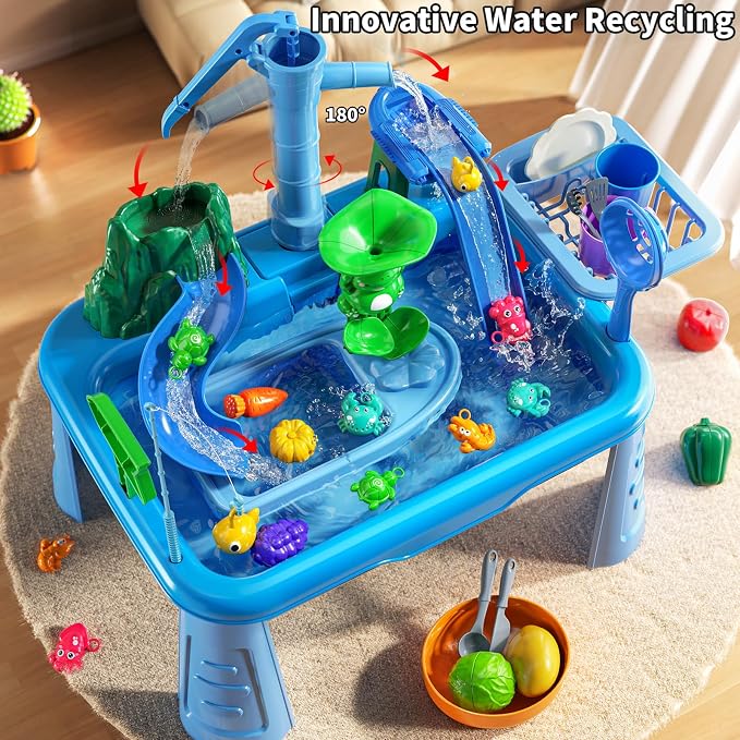 Water Table for Toddlers - Kids Play Sink with Running Water | with Pump, Water Table for Kids Ages 4-8 with Fishing Games, Summer Outside Sensory Gift Toys for Boys and Girls 3 4 5 6 7 8