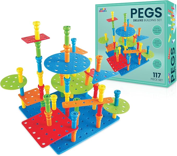 Play Build Kids Peg Board Building Set 117 Pieces - STEM Construction with Colorful Pegs & Shapes, Fine Motor Skills Learning Toy, Montessori Toddler Building Toys for Boys & Girls Age 3+