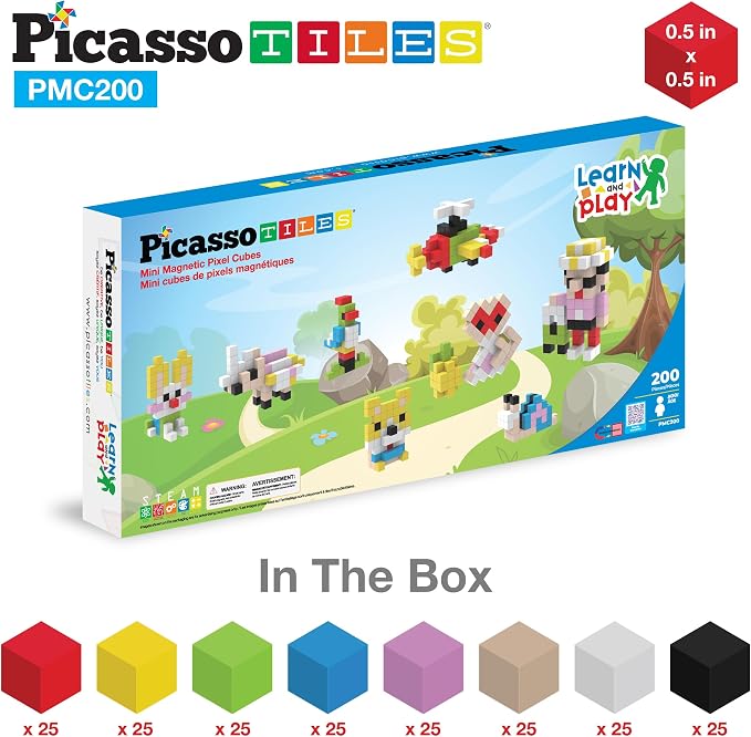 Picasso Cubes 0.5” Pixel Magnetic Puzzle Cube 200 Piece Mix & Match Sensory Toys STEAM Education Learning Building Block Magnets Children Construction Toy Set Stacking Magnet Creative Kit PMC200
