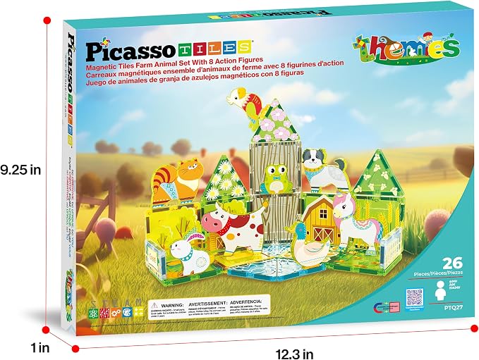 PicassoTiles 26 Piece Magnetic Tiles, Fall Farm Set with 8 Animals, Ages 3+ | 18 printed autumnal designs, rabbit, duck, parrot, frog, unicorn, cat, cow, dog, BPA-free, full-size compatibility, STEM play