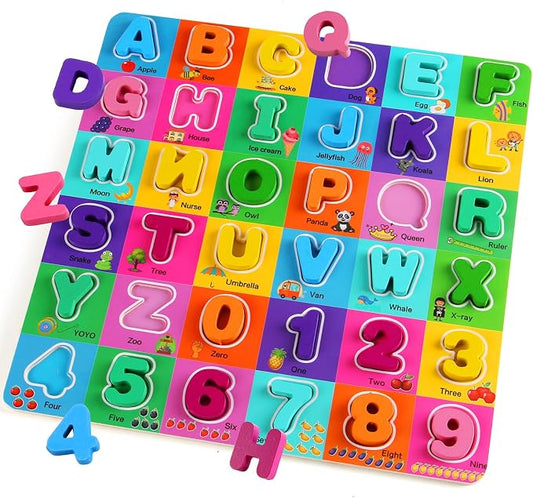 Wooden Alphabet Puzzles Ages 3-5, Alphabet and Number Puzzle with ABC Learning for Kids Ages 3 4 5, Preschool Learning Toys with Chunky ABC Puzzle Board for Girls Boys Kindergarten