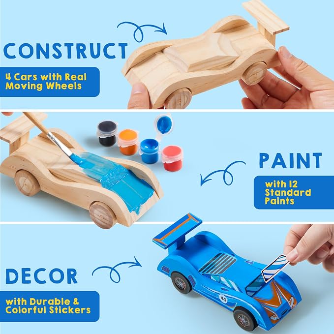Klever Kits 4 DIY Wooden Race Cars-Build & Paint Your Own Wood Craft Kit, 4 Race Cars Toy, Easy to Assemble Arts Crafts Kit, Birthday Party Presents for Kids Boys and Girls (Pack of 3)