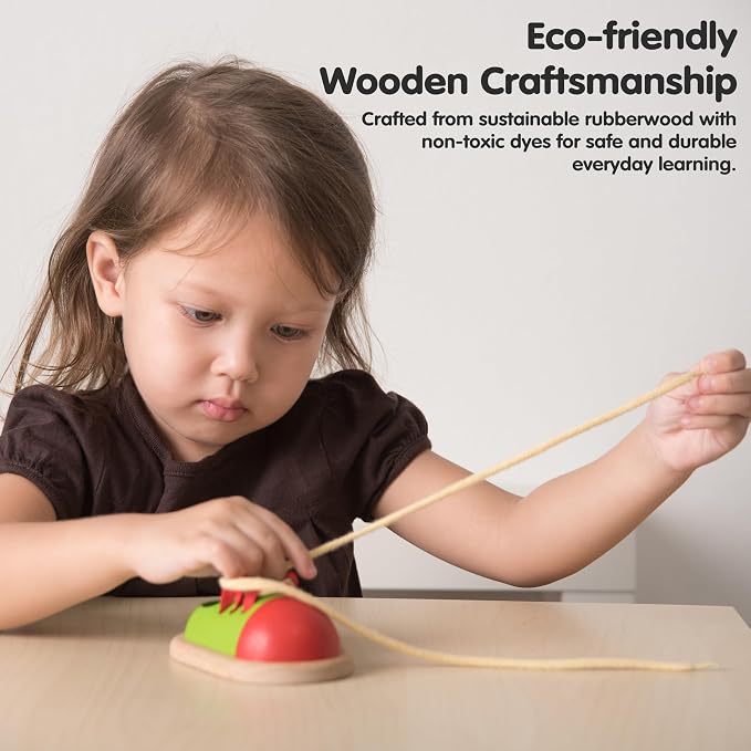 PlanToys® Tie-Up Shoe Lacing Practice Toy for Kids | Montessori Fine-Motor & Independence Activity for Focus & Coordination | Eco-Friendly Wooden Educational Tool