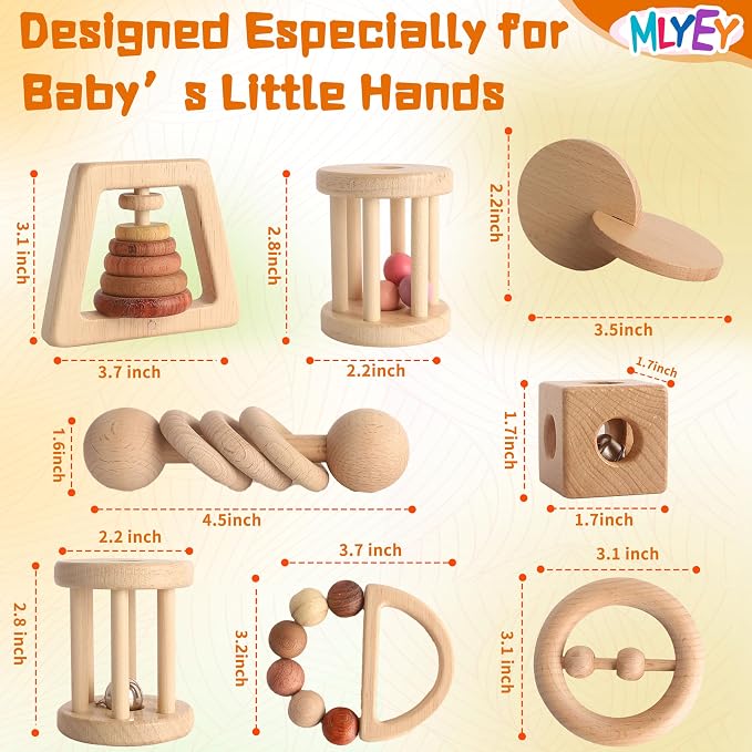 Wooden Baby Toy 8pcs, Montessori Toys for Babies 1-3 Years Old, Wooden Rattles Toy Set for Infant Grasping, Sensory Development, Gift for Baby Boys Girls (Natural Wood)