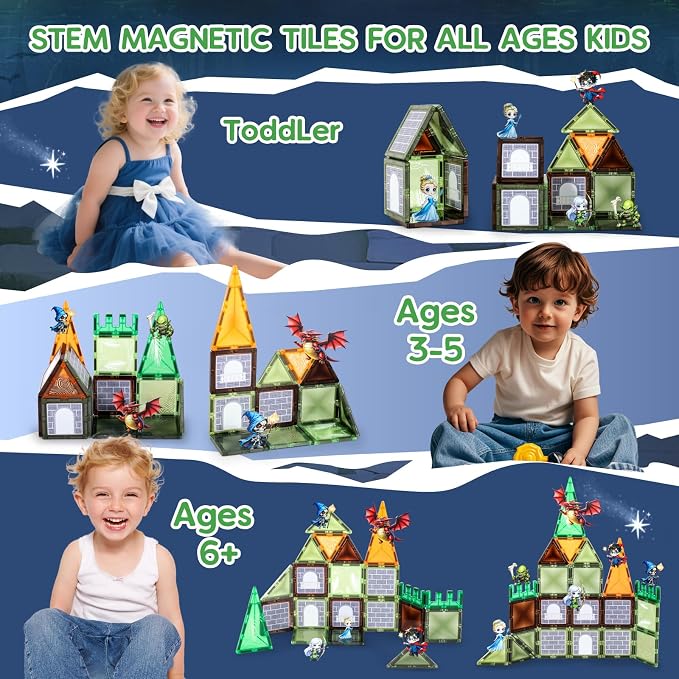 Dragon & Princess Magnetic Tiles for Kids 5-8 – Fantasy World Building Blocks with Monster, Wizard, Elf, Skeleton, STEM Toy for Boys & Girls, Christmas Birthday Gift