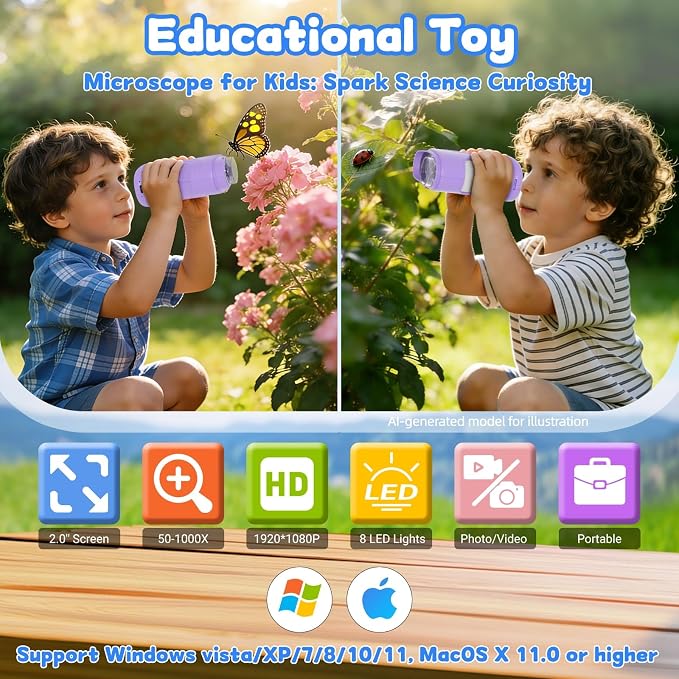 1000X Handheld Microscope for Kids: Pocket Digital Microscope with 1080P&2.0''IPS Screen&Photo/Video - Portable Edu Science Kits for Girls Boys - STEM Toys Birthday Gifts Ages 3-6 6-12(Purple)