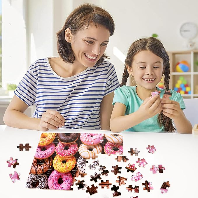 LELEMON 100 Pieces Donut Jigsaw Puzzle for Kids Ages 4-8 Sweet Colorful Donut Jigsaw Puzzles in a Metal Box Children Boys Girls Learning Educational Puzzles Toys