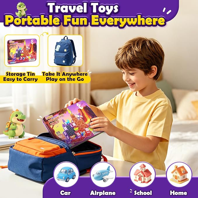 Mini Magnetic Tiles Kids Dinosaur Toys, Magnetic Blocks with 6 Dinosaurs | Road Trip Essentials for Car & Airplane Magnet Tiles STEM Construction Building Toys, Gifts & Toys for Boys Girls Ages 3-12