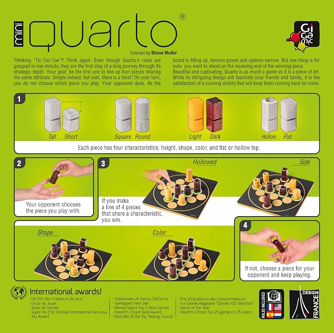 Quarto Mini | Mensa Select Winner | Travel-Friendly Version of The, Wooden Abstract Strategy Game for Kids & Adults | Family Game Night Favorite | Ages 8+ | 2 Players | 15 Min