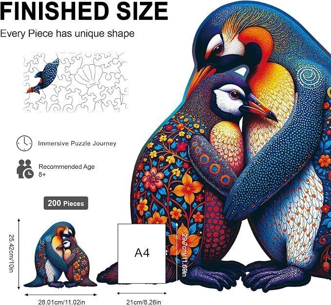Wooden Puzzles for Adults Penguin Family Puzzle - Laser-Cut Unique Shaped Stress Relief Jigsaw Puzzle, Wall Art Home Decor Gift for Family, Christmas Thanksgiving Gifts (11.2"×10.2" 200pcs)