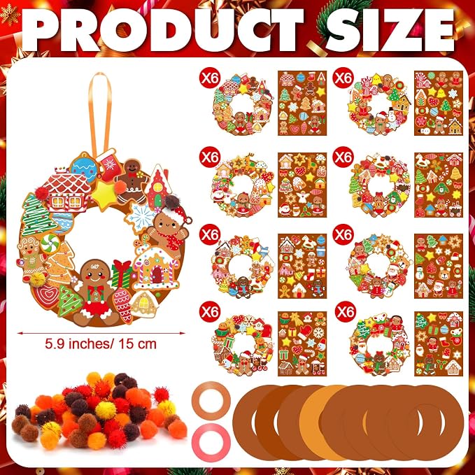 Hollowfly 48 Sets Christmas Wreath Craft Kits, Gingerbread DIY Ornaments | Foam Wreath Bases with Gingerbread Stickers, Hanging Ornaments for Kids, Christmas Party Activities and Classroom Crafts