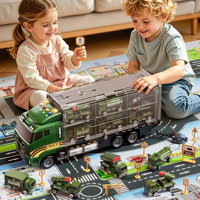 Carrier Truck Toddlers Toys for 3 4 5 6 7 Years Old Boys, Toy Truck Transport Car & Die-Cast Car and Play Mat, Military Toys Birthday Gifts for Kids 3 4 5 6 7 8+ Years Old Boys Girls