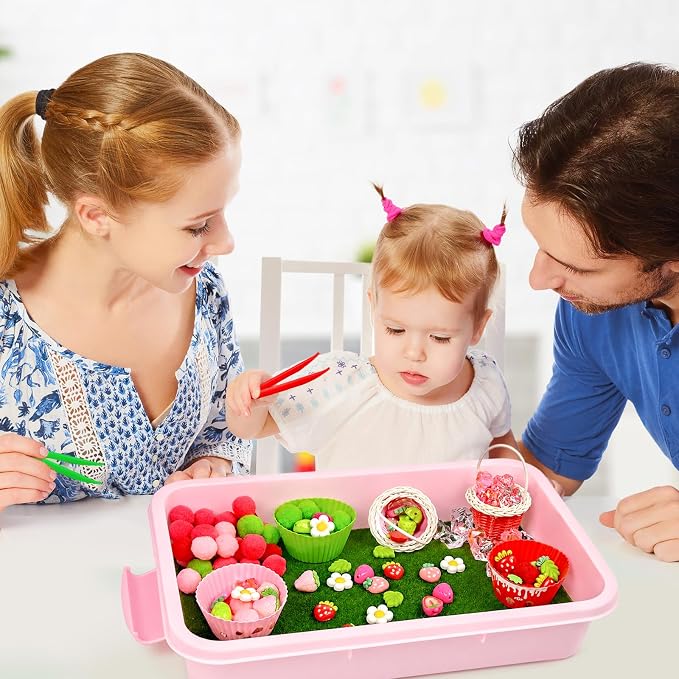 Cinrobiye 192 Pcs Strawberry Theme Activity Fillers Set with Storage Box, Summer Fruit Accessories, Artificial Grass Mat, Flowers, Pompoms & Decorative Materials for Classroom Activities, Home Project