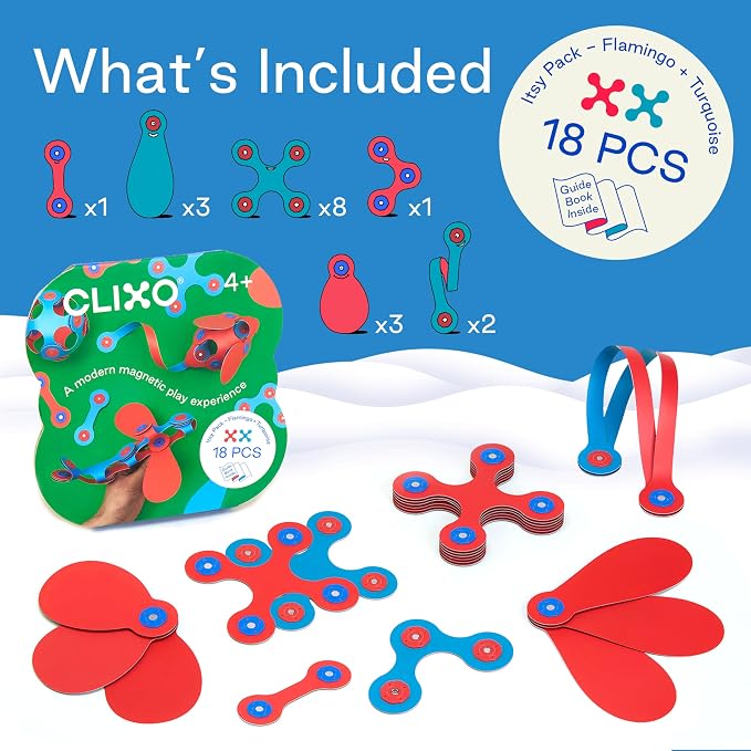 Clixo Itsy Pack, Travel STEM Magnetic Toys (18 Pc, 4+, Flamingo/Turquoise) | Compact open ended toys for screen-free play. Airplane activities and kids road trip games. Easy to clean magnetic STEM sets.