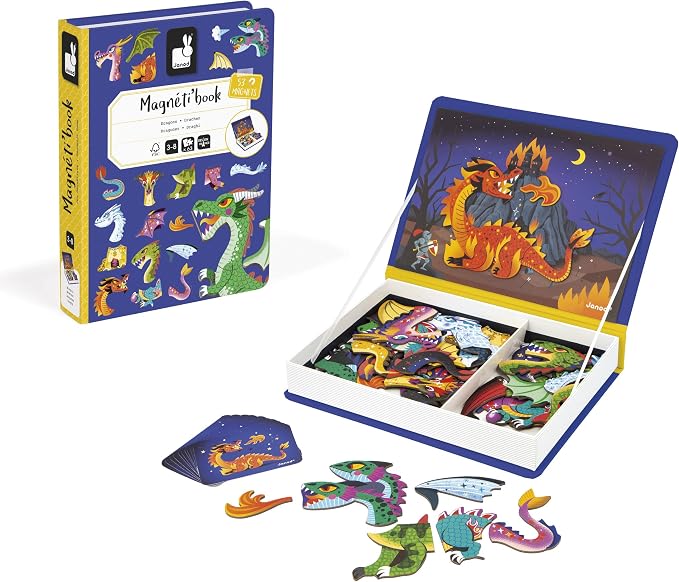 Janod - Magnéti'Book - Magnetic Game - Dragons - Purple | Cardboard Kids Toy - Develops Dexterity and Imagination - 63 Pieces - Ideal for Ages 3 and Up - Preschool Learning Activity