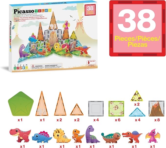 PicassoTiles Dinosaur Magnetic Tiles, STEM Building Blocks Toy Set Ages 3+ | 38 pieces, 8 action figures, vibrant Jurassic world, screen-free activity, color shape recognition, durable BPA-free plastic