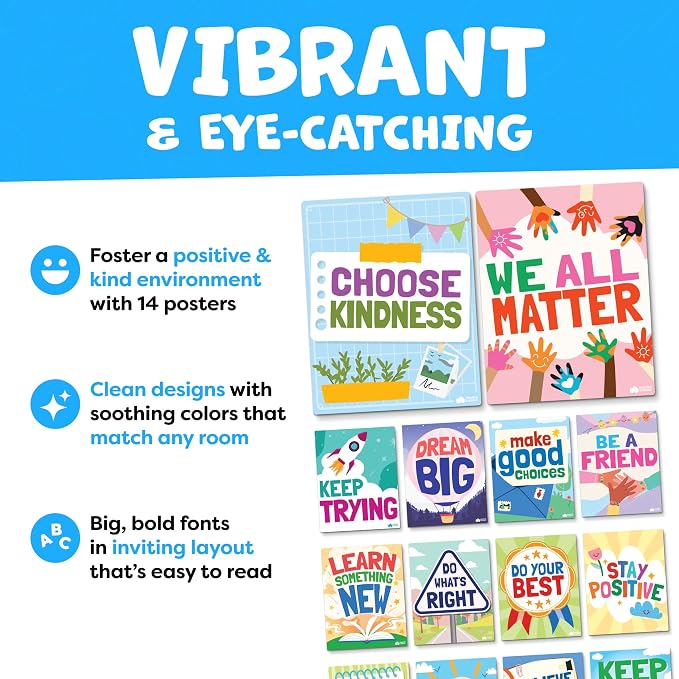 Motivational Posters for Classroom Decor - 14pc Inspirational Positive Affirmation Classroom Posters Middle School High School Elementary - Back to School Supplies Decorations Bulletin Board Wall