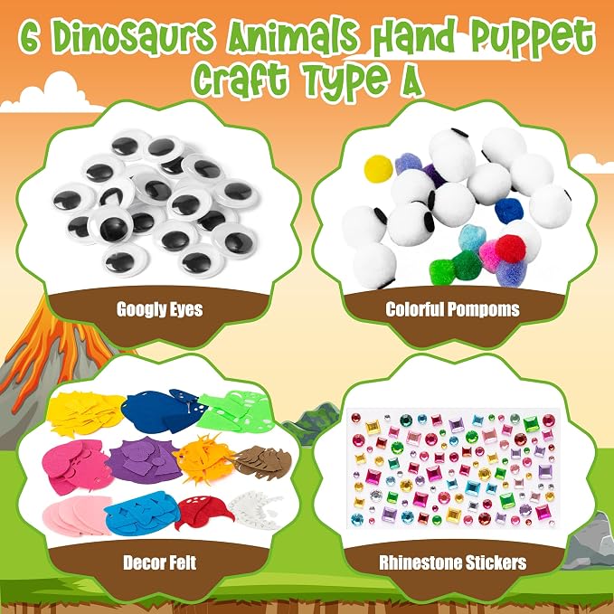 WATINC Hand Puppet Making Kit, Felt Sock Puppet Toys for Kids (Dinosaurs A) | 6 Styles, Make Your Own Storytelling & Role Play Crafts, Creative Group Activity, Party Favors & Gifts for Kids Ages 4-8