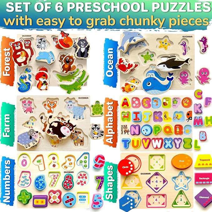 QUOKKA Wooden Puzzles for Toddlers 1-3 – 6XSET Chunky Toddler Puzzles Ages 2-4 – Learning Animals Numbers Alphabet Montessori Toy for Kids 3-5 – Wood Games Gift for Boys & Girls - FSC Certified Wood