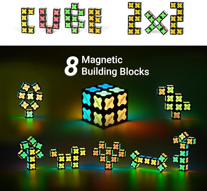 TOSY Magnet Cube 2x2 - 8 Blocks, 2 in 1 Toy: 2x2x2 Puzzle Cube and Customizable Infinity Cube, Glowing, UV Flashlight, Fidget/Sensory/STEM/STEAM Magnet Tiles Birthday Gift for Kids/Teens/Adults
