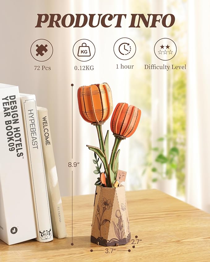 rowood Orange Tulip Wooden Flower,DIY Artifical Flower Building Set Craft Kit for Adults,Mother's Day/Valentine's Day for Mom/Women/Grandma